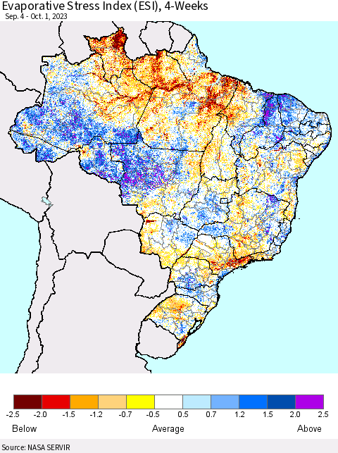 Brazil Evaporative Stress Index (ESI), 4-Weeks Thematic Map For 9/25/2023 - 10/1/2023