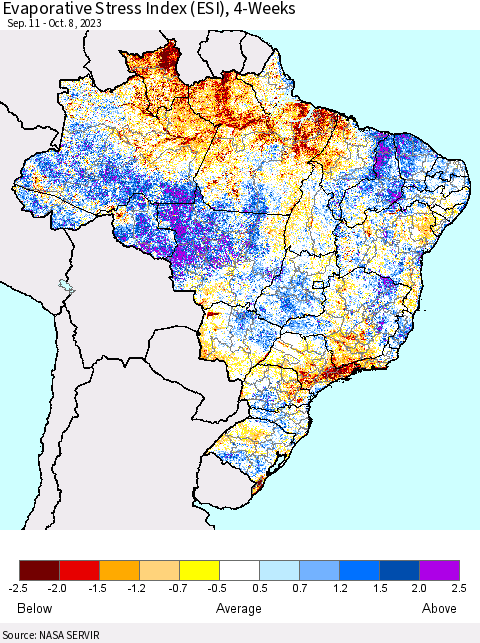 Brazil Evaporative Stress Index (ESI), 4-Weeks Thematic Map For 10/2/2023 - 10/8/2023