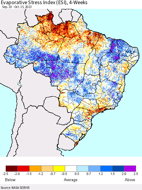 Brazil Evaporative Stress Index (ESI), 4-Weeks Thematic Map For 10/9/2023 - 10/15/2023