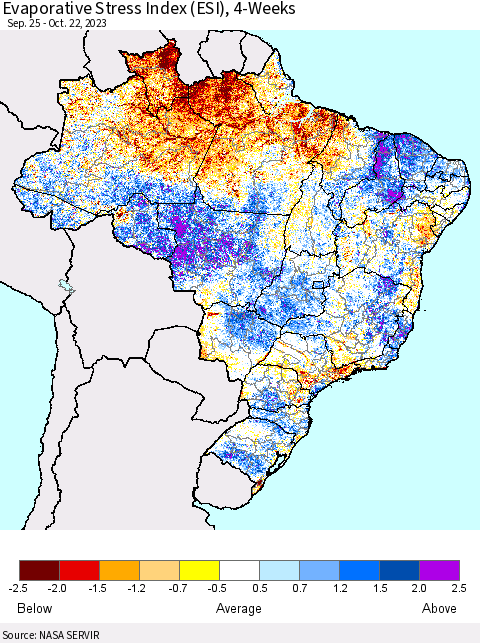 Brazil Evaporative Stress Index (ESI), 4-Weeks Thematic Map For 10/16/2023 - 10/22/2023