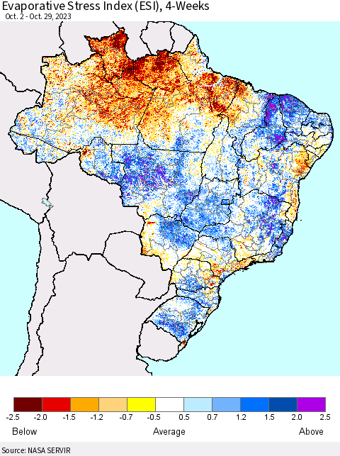 Brazil Evaporative Stress Index (ESI), 4-Weeks Thematic Map For 10/23/2023 - 10/29/2023