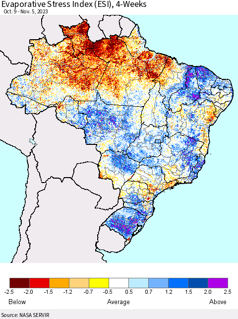 Brazil Evaporative Stress Index (ESI), 4-Weeks Thematic Map For 10/30/2023 - 11/5/2023