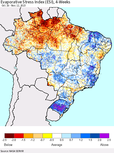 Brazil Evaporative Stress Index (ESI), 4-Weeks Thematic Map For 11/6/2023 - 11/12/2023