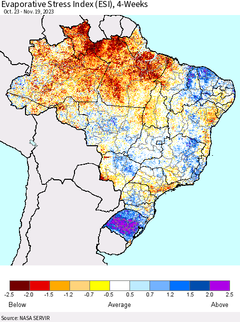 Brazil Evaporative Stress Index (ESI), 4-Weeks Thematic Map For 11/13/2023 - 11/19/2023