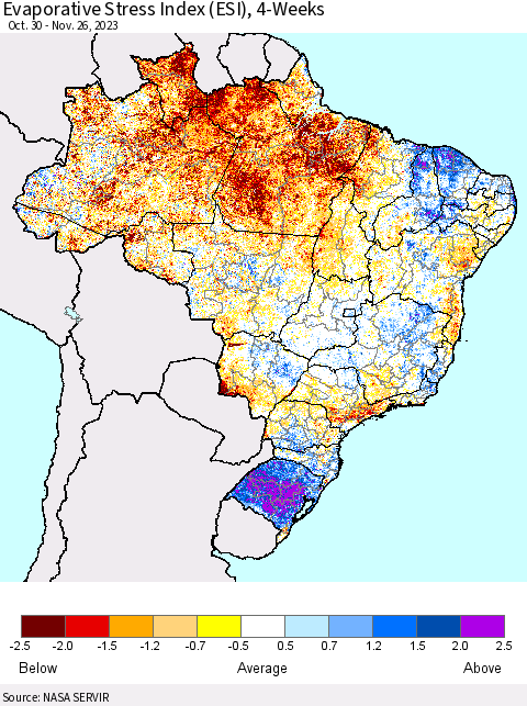 Brazil Evaporative Stress Index (ESI), 4-Weeks Thematic Map For 11/20/2023 - 11/26/2023