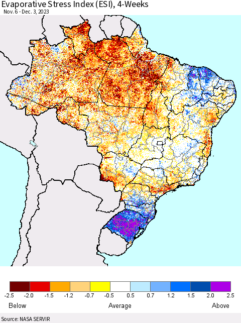 Brazil Evaporative Stress Index (ESI), 4-Weeks Thematic Map For 11/27/2023 - 12/3/2023