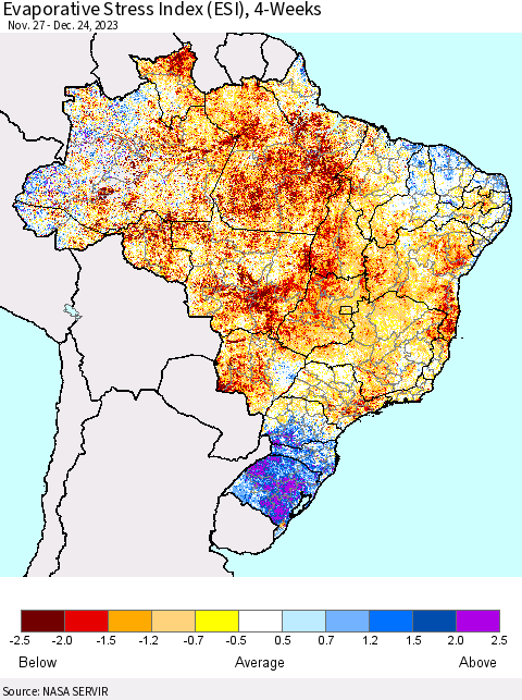 Brazil Evaporative Stress Index (ESI), 4-Weeks Thematic Map For 12/18/2023 - 12/24/2023