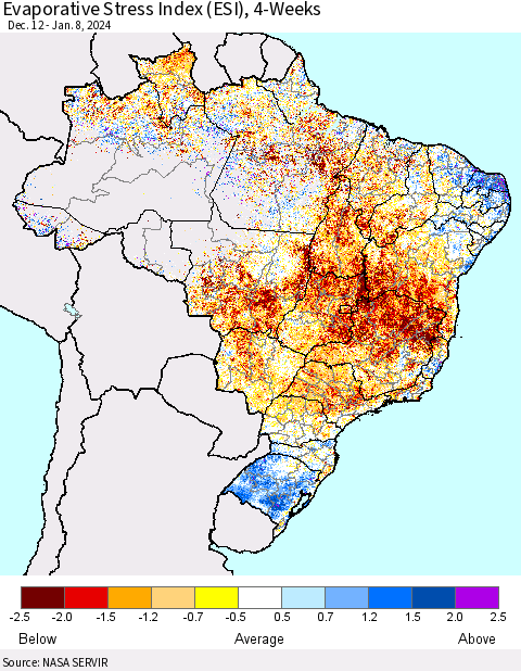 Brazil Evaporative Stress Index (ESI), 4-Weeks Thematic Map For 1/8/2024 - 1/14/2024