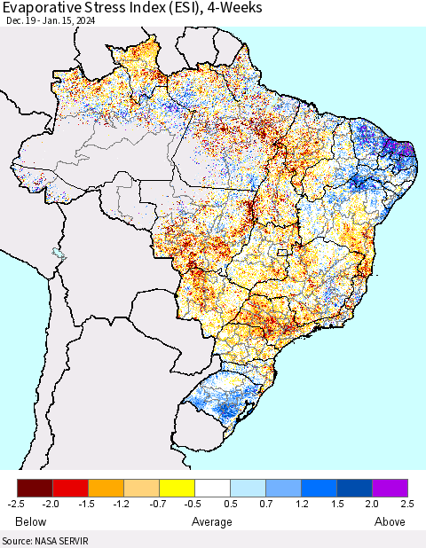 Brazil Evaporative Stress Index (ESI), 4-Weeks Thematic Map For 1/15/2024 - 1/21/2024
