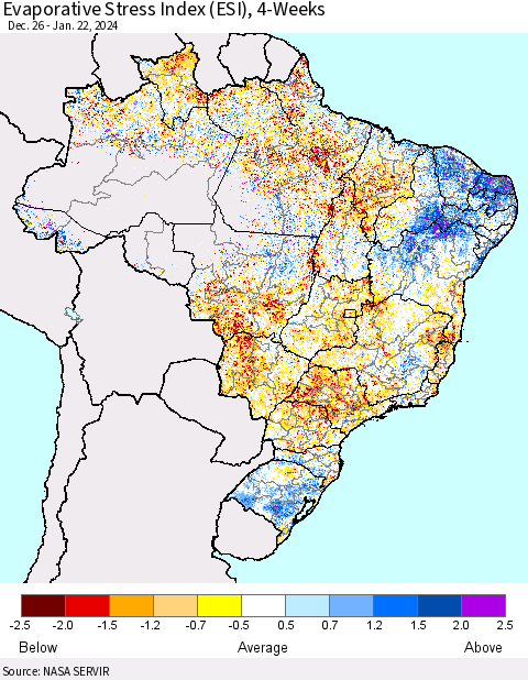 Brazil Evaporative Stress Index (ESI), 4-Weeks Thematic Map For 1/22/2024 - 1/28/2024
