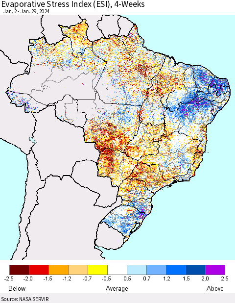Brazil Evaporative Stress Index (ESI), 4-Weeks Thematic Map For 1/29/2024 - 2/4/2024
