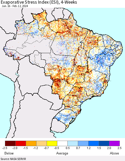 Brazil Evaporative Stress Index (ESI), 4-Weeks Thematic Map For 2/12/2024 - 2/18/2024