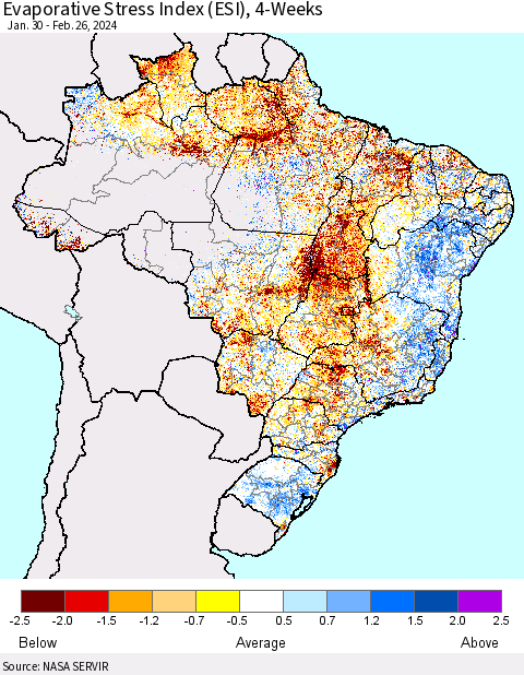 Brazil Evaporative Stress Index (ESI), 4-Weeks Thematic Map For 2/26/2024 - 3/3/2024