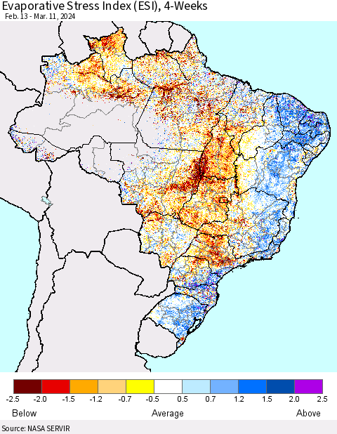 Brazil Evaporative Stress Index (ESI), 4-Weeks Thematic Map For 3/11/2024 - 3/17/2024