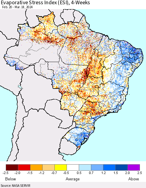 Brazil Evaporative Stress Index (ESI), 4-Weeks Thematic Map For 3/18/2024 - 3/24/2024