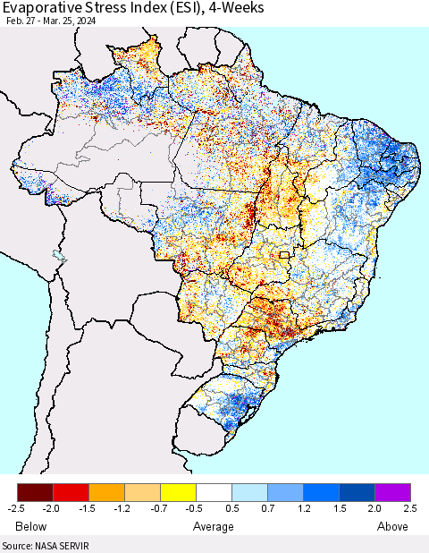 Brazil Evaporative Stress Index (ESI), 4-Weeks Thematic Map For 3/25/2024 - 3/31/2024