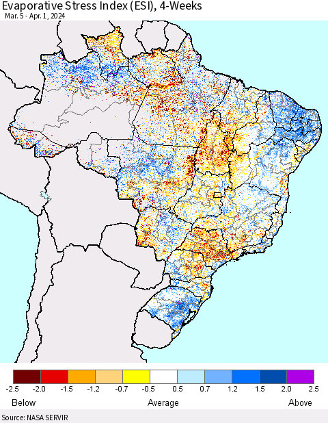 Brazil Evaporative Stress Index (ESI), 4-Weeks Thematic Map For 4/1/2024 - 4/7/2024