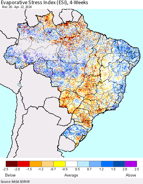 Brazil Evaporative Stress Index (ESI), 4-Weeks Thematic Map For 4/22/2024 - 4/28/2024
