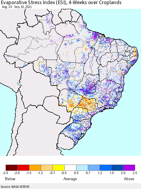 Brazil Evaporative Stress Index (ESI), 4-Weeks over Croplands Thematic Map For 9/6/2021 - 9/12/2021