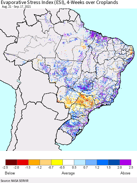 Brazil Evaporative Stress Index (ESI), 4-Weeks over Croplands Thematic Map For 9/13/2021 - 9/19/2021
