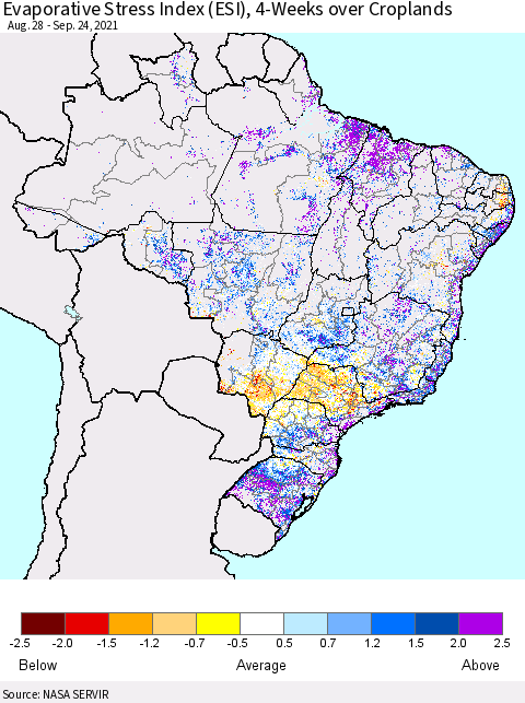 Brazil Evaporative Stress Index (ESI), 4-Weeks over Croplands Thematic Map For 9/20/2021 - 9/26/2021