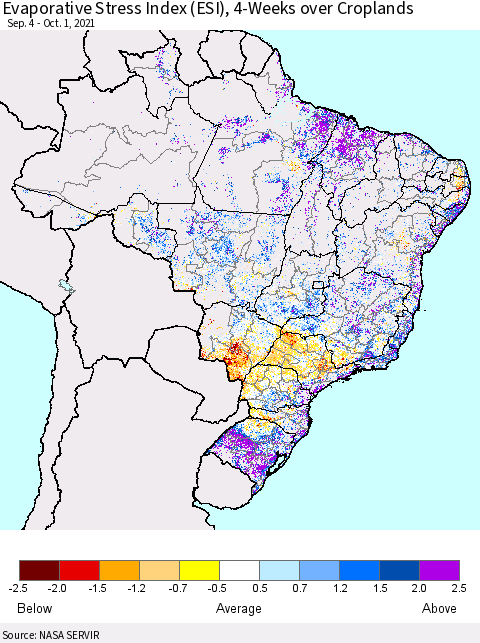 Brazil Evaporative Stress Index (ESI), 4-Weeks over Croplands Thematic Map For 9/27/2021 - 10/3/2021
