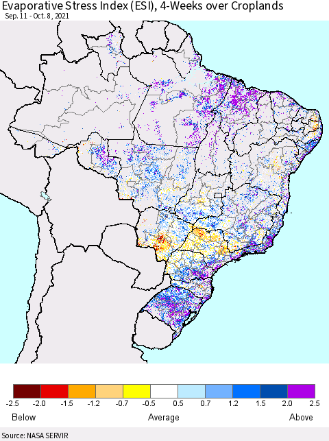 Brazil Evaporative Stress Index (ESI), 4-Weeks over Croplands Thematic Map For 10/4/2021 - 10/10/2021
