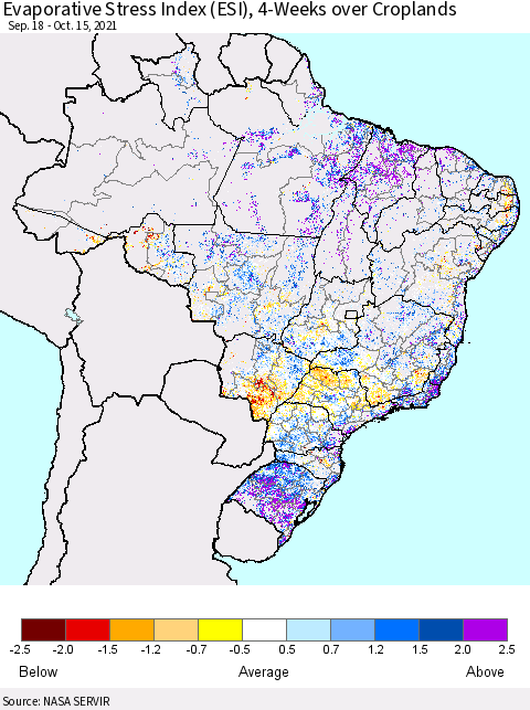 Brazil Evaporative Stress Index (ESI), 4-Weeks over Croplands Thematic Map For 10/11/2021 - 10/17/2021