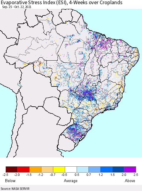 Brazil Evaporative Stress Index (ESI), 4-Weeks over Croplands Thematic Map For 10/18/2021 - 10/24/2021