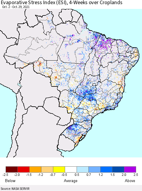 Brazil Evaporative Stress Index (ESI), 4-Weeks over Croplands Thematic Map For 10/25/2021 - 10/31/2021