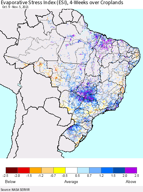 Brazil Evaporative Stress Index (ESI), 4-Weeks over Croplands Thematic Map For 11/1/2021 - 11/7/2021
