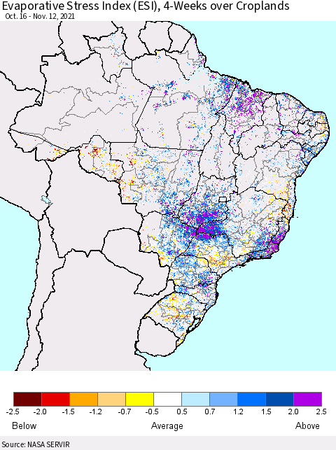 Brazil Evaporative Stress Index (ESI), 4-Weeks over Croplands Thematic Map For 11/8/2021 - 11/14/2021