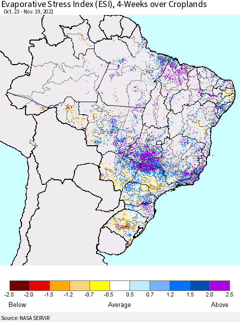 Brazil Evaporative Stress Index (ESI), 4-Weeks over Croplands Thematic Map For 11/15/2021 - 11/21/2021