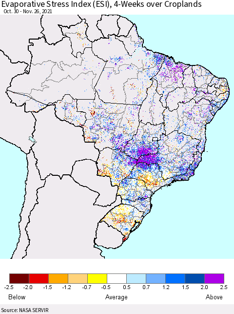 Brazil Evaporative Stress Index (ESI), 4-Weeks over Croplands Thematic Map For 11/22/2021 - 11/28/2021