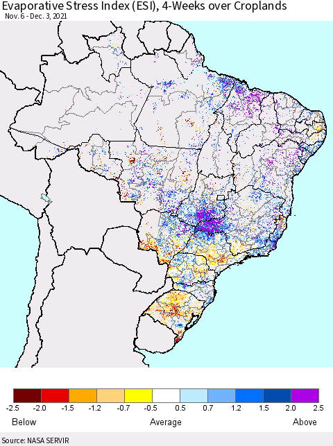 Brazil Evaporative Stress Index (ESI), 4-Weeks over Croplands Thematic Map For 11/29/2021 - 12/5/2021