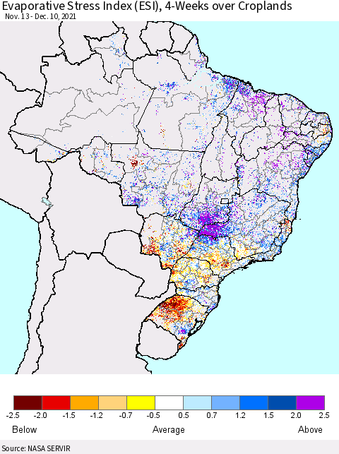Brazil Evaporative Stress Index (ESI), 4-Weeks over Croplands Thematic Map For 12/6/2021 - 12/12/2021
