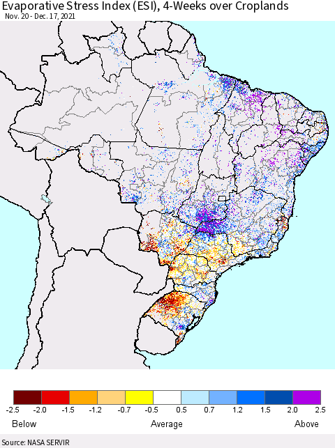Brazil Evaporative Stress Index (ESI), 4-Weeks over Croplands Thematic Map For 12/13/2021 - 12/19/2021