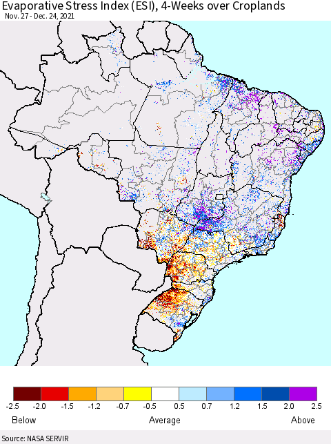 Brazil Evaporative Stress Index (ESI), 4-Weeks over Croplands Thematic Map For 12/20/2021 - 12/26/2021