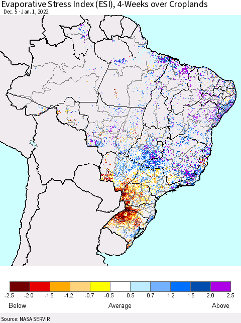 Brazil Evaporative Stress Index (ESI), 4-Weeks over Croplands Thematic Map For 12/27/2021 - 1/2/2022