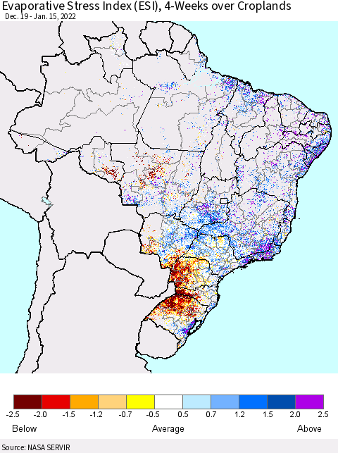 Brazil Evaporative Stress Index (ESI), 4-Weeks over Croplands Thematic Map For 1/10/2022 - 1/16/2022