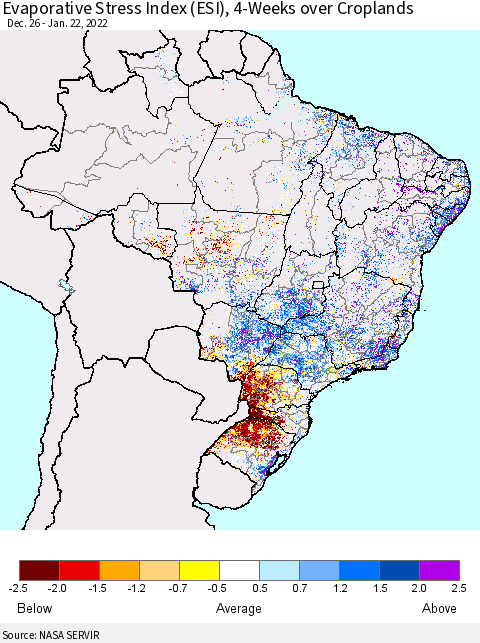 Brazil Evaporative Stress Index (ESI), 4-Weeks over Croplands Thematic Map For 1/17/2022 - 1/23/2022
