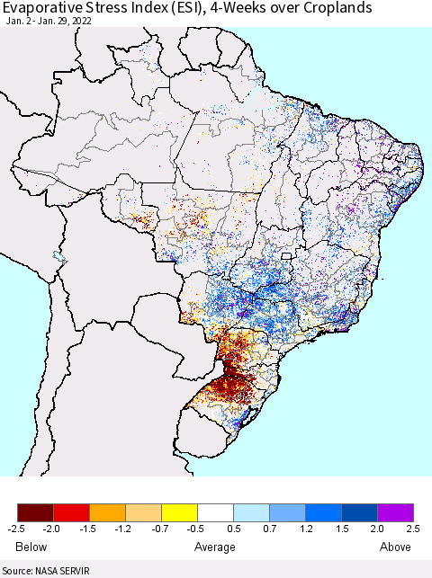 Brazil Evaporative Stress Index (ESI), 4-Weeks over Croplands Thematic Map For 1/24/2022 - 1/30/2022