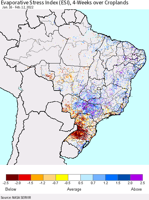 Brazil Evaporative Stress Index (ESI), 4-Weeks over Croplands Thematic Map For 2/7/2022 - 2/13/2022