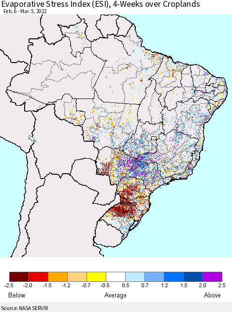 Brazil Evaporative Stress Index (ESI), 4-Weeks over Croplands Thematic Map For 2/28/2022 - 3/6/2022