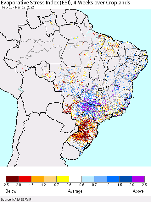 Brazil Evaporative Stress Index (ESI), 4-Weeks over Croplands Thematic Map For 3/7/2022 - 3/13/2022