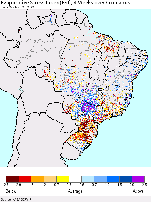 Brazil Evaporative Stress Index (ESI), 4-Weeks over Croplands Thematic Map For 3/21/2022 - 3/27/2022
