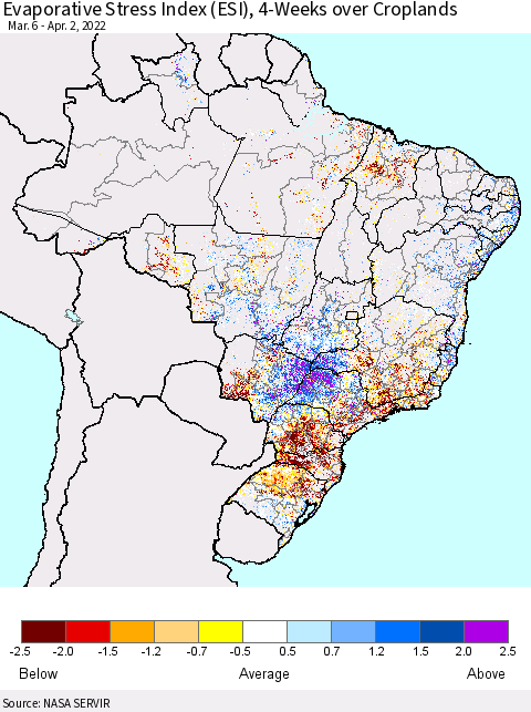 Brazil Evaporative Stress Index (ESI), 4-Weeks over Croplands Thematic Map For 3/28/2022 - 4/3/2022