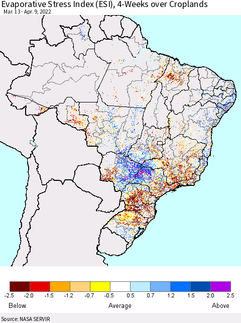 Brazil Evaporative Stress Index (ESI), 4-Weeks over Croplands Thematic Map For 4/4/2022 - 4/10/2022