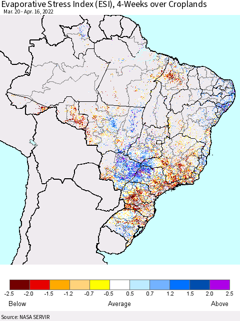 Brazil Evaporative Stress Index (ESI), 4-Weeks over Croplands Thematic Map For 4/11/2022 - 4/17/2022