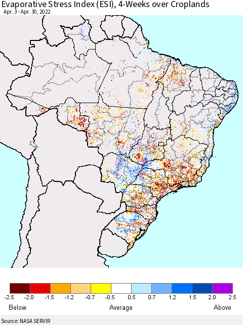 Brazil Evaporative Stress Index (ESI), 4-Weeks over Croplands Thematic Map For 4/25/2022 - 5/1/2022